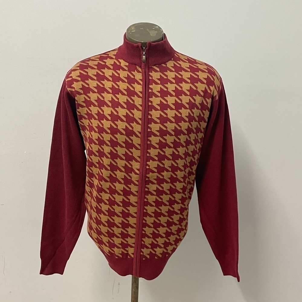Men's Burgundy and Gold Zip-Up Sweater